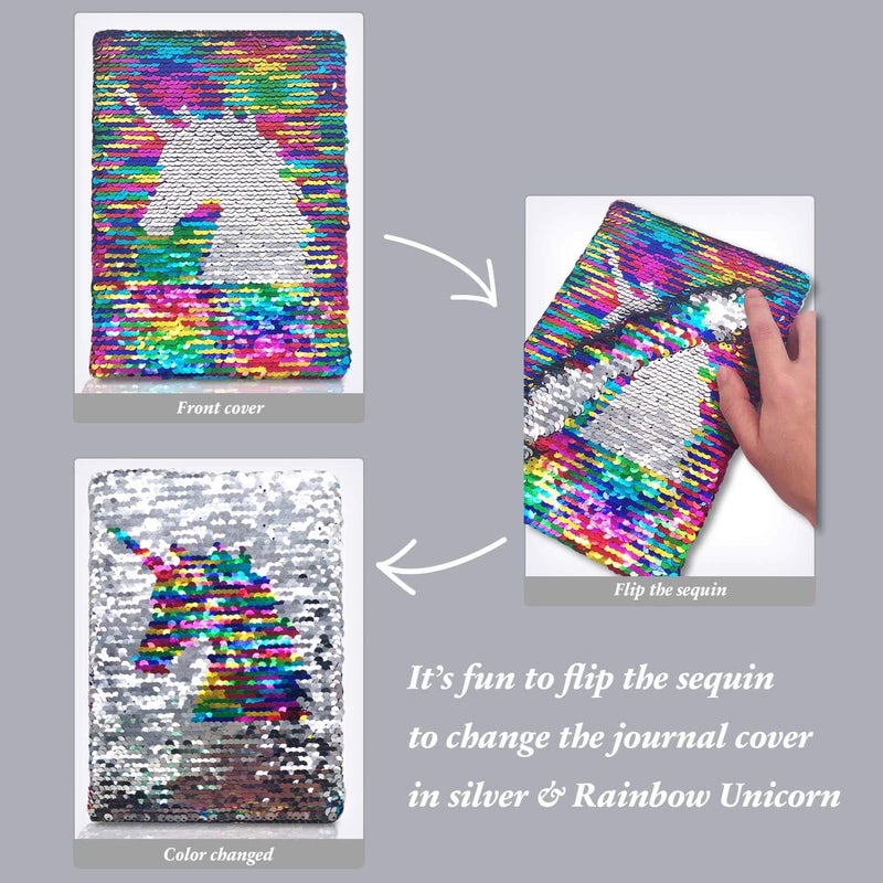 GINMLYDA Sequin Girls Journal for Kids, 8.5x5.5 Inches 160 Lined Pages Diary for Girls Unicorn Reversible Flip Sequence Notebook for Teenage Pre School Writing Drawing Travel Gifts(Rainbow-Sliver) - Image 4