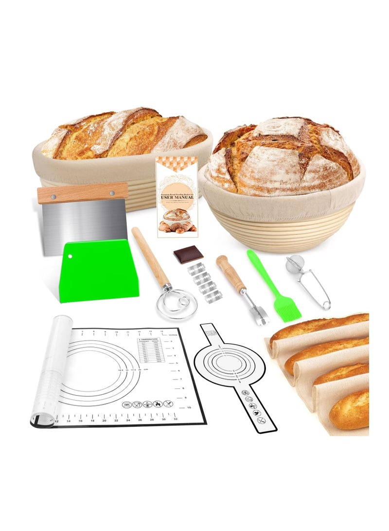 NZQXJXZ Large Sourdough Bread Baking Supplies, 10 Inch Round &12 Oval Banneton Bread Proofing Basket, Sourdough Starter Kit for Making Baking Fermentation  - Image 1
