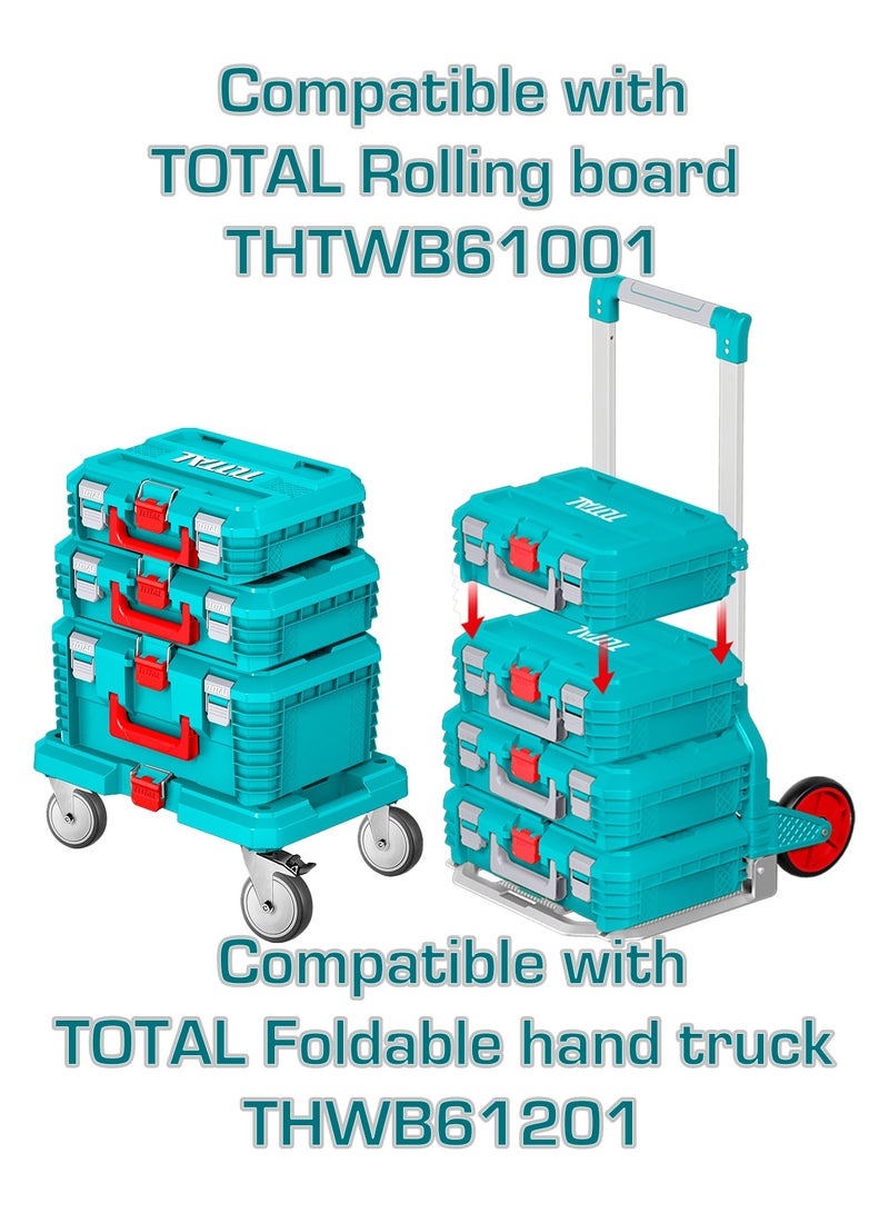 توتال صندوق أدوات عميق قابل للتكديس من توتال مقاس ١٩ بوصة، مزوّد ببطانة إسفنجية داخلية، باللون الفيروزي، بأبعاد ٤٨٠ × ٣٢٠ × ٢٤٨ ملم، مصنوع من مادة البولي بروبيلين، متوافق مع قاعدة بعجلات والعربة اليدوية، موديل TPBXS103 - Image 4