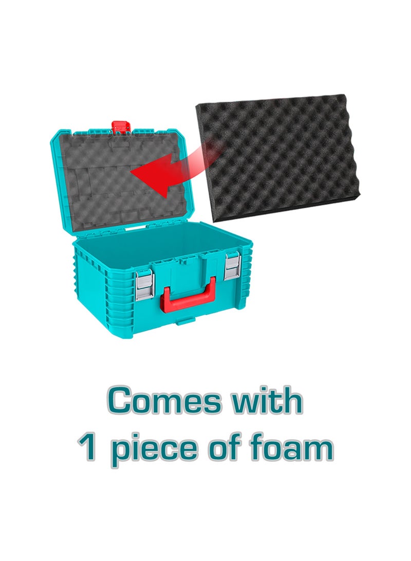 توتال صندوق أدوات عميق قابل للتكديس من توتال مقاس ١٩ بوصة، مزوّد ببطانة إسفنجية داخلية، باللون الفيروزي، بأبعاد ٤٨٠ × ٣٢٠ × ٢٤٨ ملم، مصنوع من مادة البولي بروبيلين، متوافق مع قاعدة بعجلات والعربة اليدوية، موديل TPBXS103 - Image 2