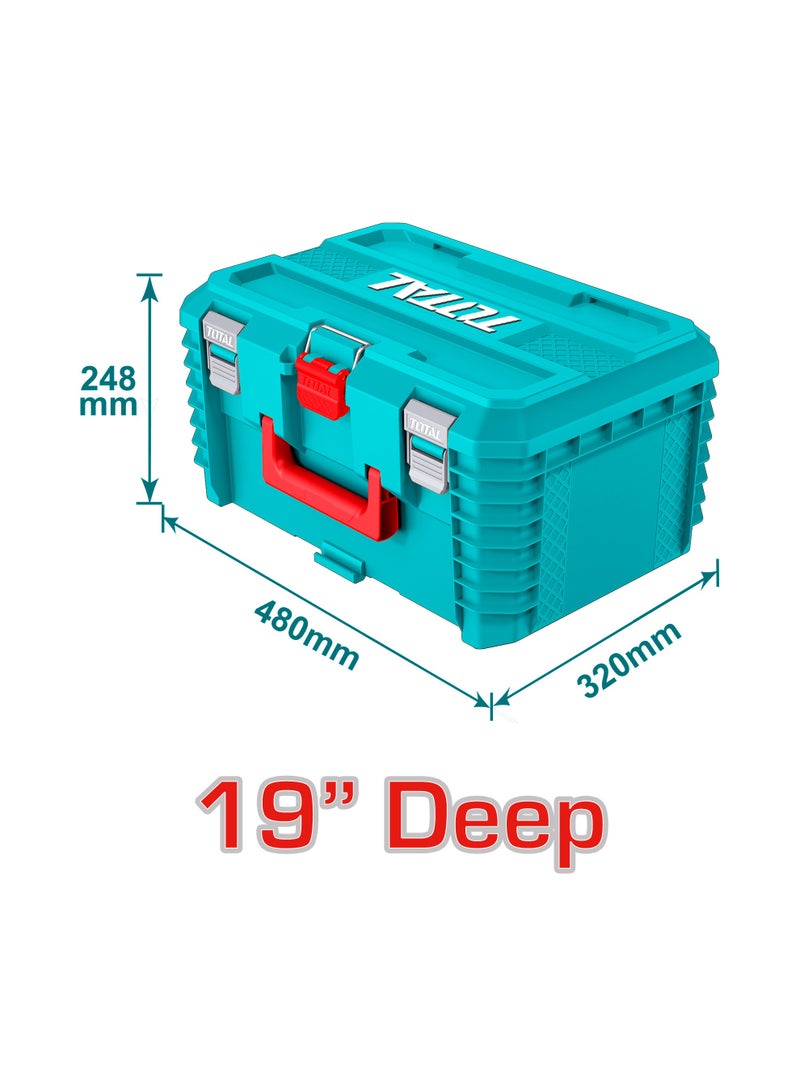 توتال صندوق أدوات عميق قابل للتكديس من توتال مقاس ١٩ بوصة، مزوّد ببطانة إسفنجية داخلية، باللون الفيروزي، بأبعاد ٤٨٠ × ٣٢٠ × ٢٤٨ ملم، مصنوع من مادة البولي بروبيلين، متوافق مع قاعدة بعجلات والعربة اليدوية، موديل TPBXS103 - Image 3