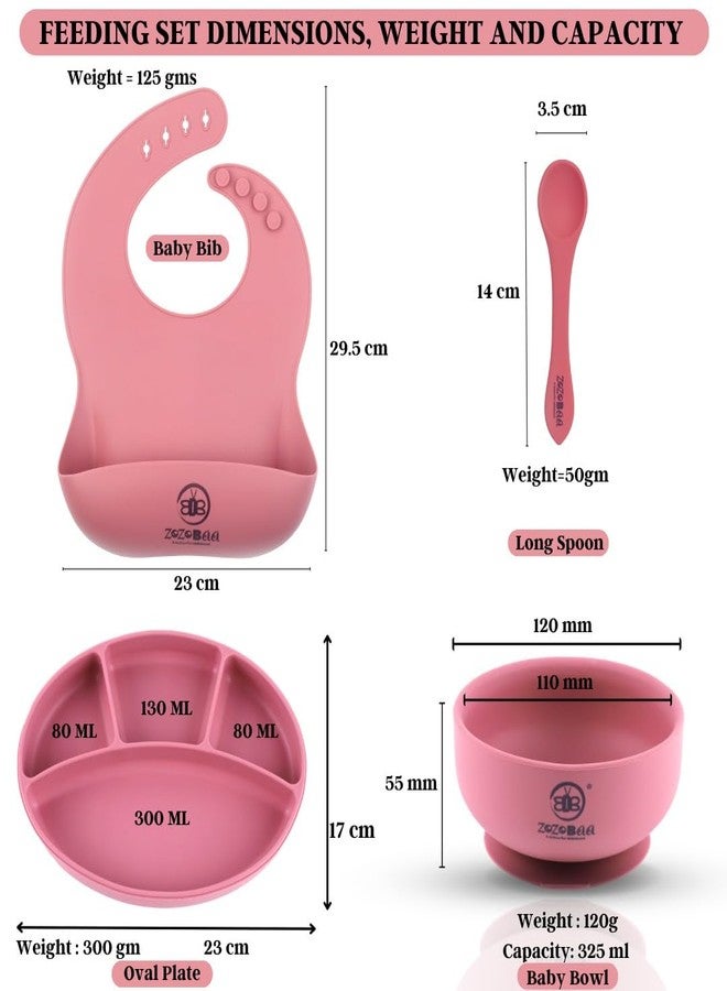 ZoZoBaa Silicone Feeding Set Including Bib, Spoon, Suction Base Oval Plate, Suction Base Bowl, | First Stage Feeding Set for BLW Training |BPA Free, Food Grade, Pack of 4, [Dark Red] - Image 2