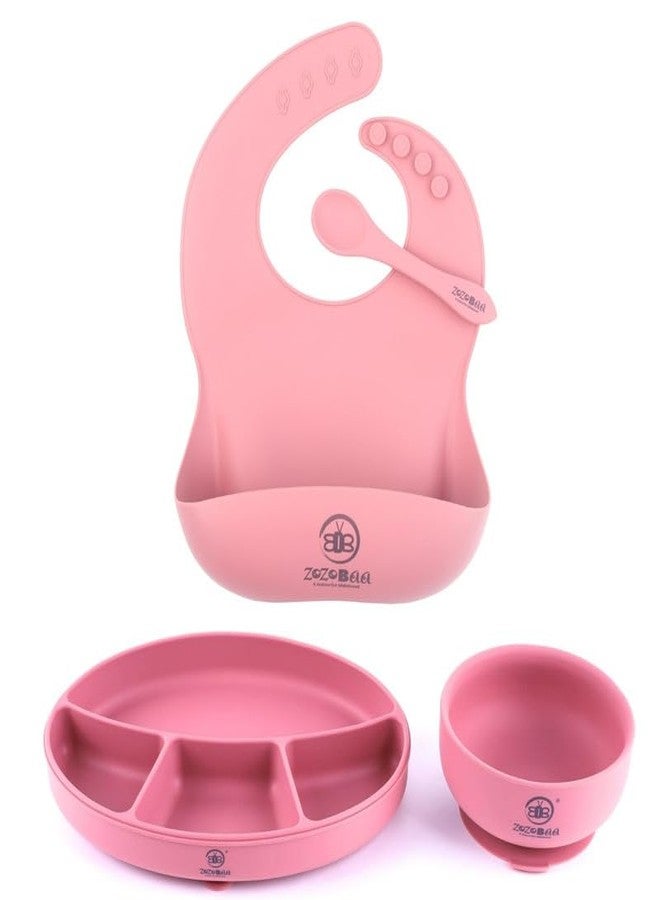 ZoZoBaa Silicone Feeding Set Including Bib, Spoon, Suction Base Oval Plate, Suction Base Bowl, | First Stage Feeding Set for BLW Training |BPA Free, Food Grade, Pack of 4, [Dark Red] - Image 1