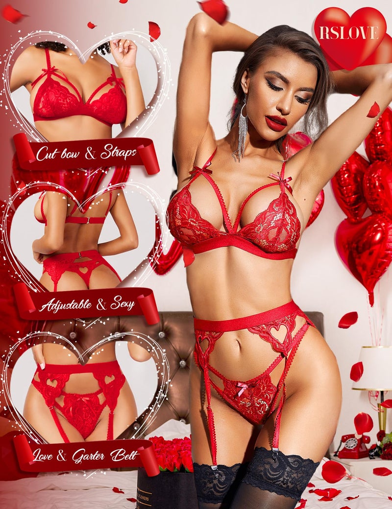 RSLOVE مجموعة لانجري دانتيل للنساء من RSLOVE مع أحزمة جارتير، حمالة صدر وسروال، تيدي دانتيل، بدلة بيبي دول، حمراء L - Image 3