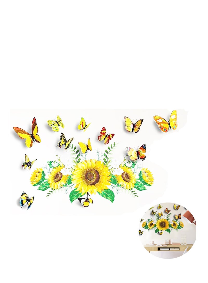 Excefore 3D Wall Stickers Sunflower Butterfly Wall Decal Waterproof Removable for Kids Bedroom Living Room Bathroom Art Decor Home Decoration Indoor Outdoor 13PCS - Image 1