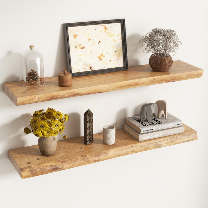 Venusmiles Live Edge Elm Floating Shelves for Wall Decor, Rustic Solid Wood Shevles Wall Mounted with Invisible Bracket for Living Room Bathroom Bedroom Kitchen, 36 Inch Set of 2, Natural - Image 1