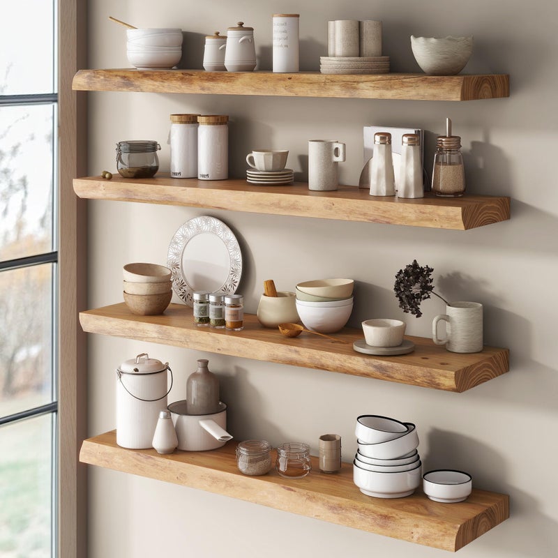 Venusmiles Live Edge Elm Floating Shelves for Wall Decor, Rustic Solid Wood Shevles Wall Mounted with Invisible Bracket for Living Room Bathroom Bedroom Kitchen, 36 Inch Set of 2, Natural - Image 2