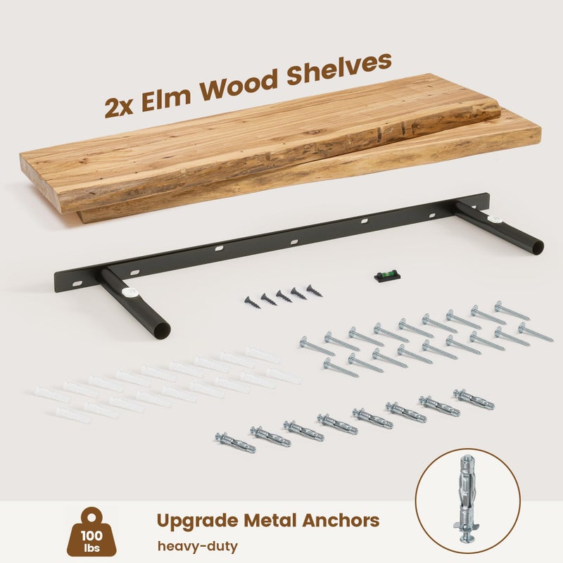 Venusmiles Live Edge Elm Floating Shelves for Wall Decor, Rustic Solid Wood Shevles Wall Mounted with Invisible Bracket for Living Room Bathroom Bedroom Kitchen, 36 Inch Set of 2, Natural - Image 5