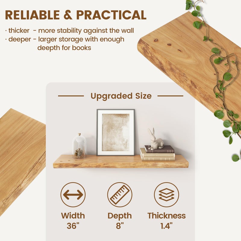 Venusmiles Live Edge Elm Floating Shelves for Wall Decor, Rustic Solid Wood Shevles Wall Mounted with Invisible Bracket for Living Room Bathroom Bedroom Kitchen, 36 Inch Set of 2, Natural - Image 3