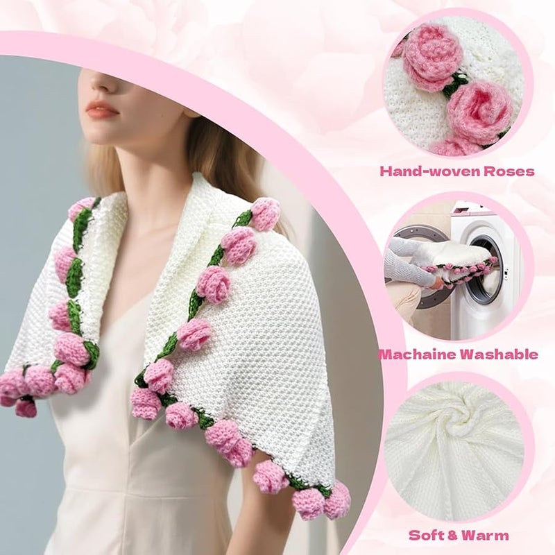 Crochet Rose Flower Bouquet Blanket: 32 Inch Knitted Bouquet Blanket (Pink) - Image 3