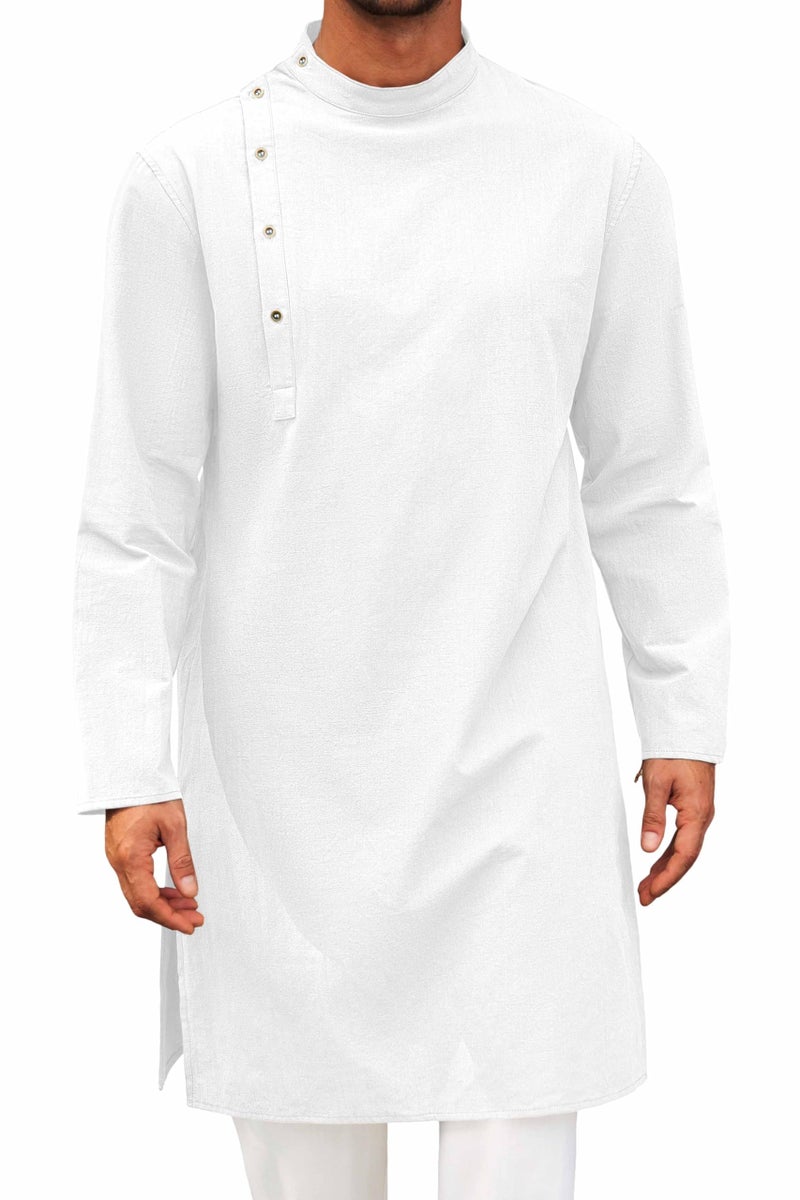 Runcati Mens Kaftan Thobe Robe Long Sleeve Cotton Henley Shirt Casual Muslim Gown Salwar Kurta White