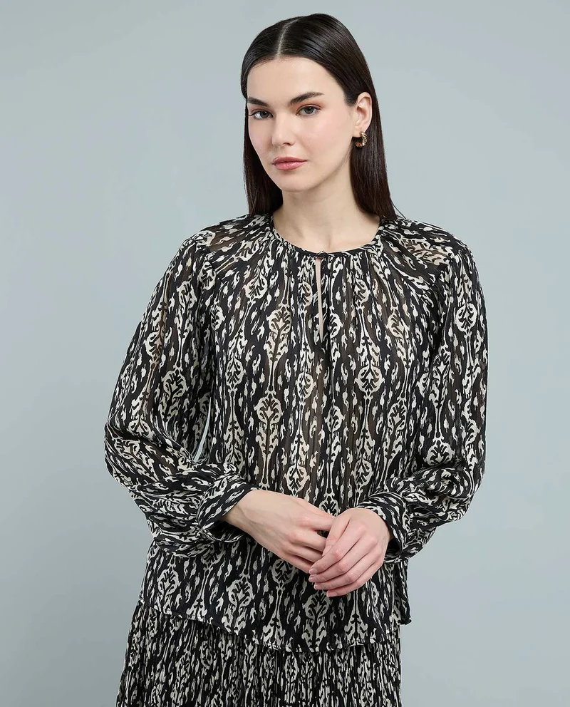 R&B Patterned Top with Keyhole Neck and Long Sleeves