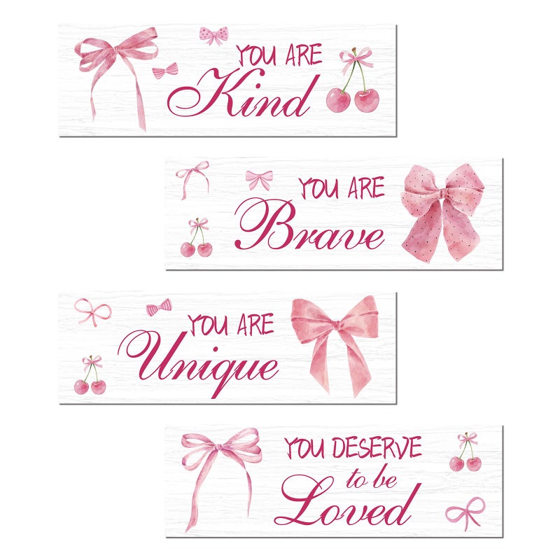 FEXICHUJI 4 Pcs Pink Bow Motivational Sign Set, Positive Affirmations Wooden Coquette Wall Art Decor, Inspirational Boho Bow Decor, Perfect for Girls Bedroom, Bathroom, Living Room - Image 1