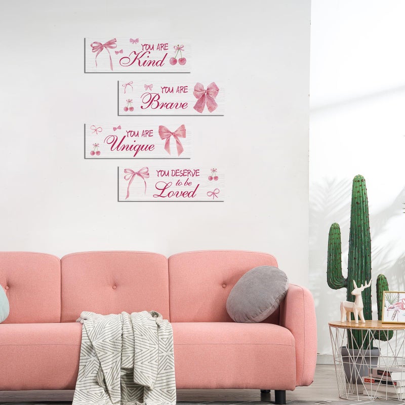 FEXICHUJI 4 Pcs Pink Bow Motivational Sign Set, Positive Affirmations Wooden Coquette Wall Art Decor, Inspirational Boho Bow Decor, Perfect for Girls Bedroom, Bathroom, Living Room - Image 3