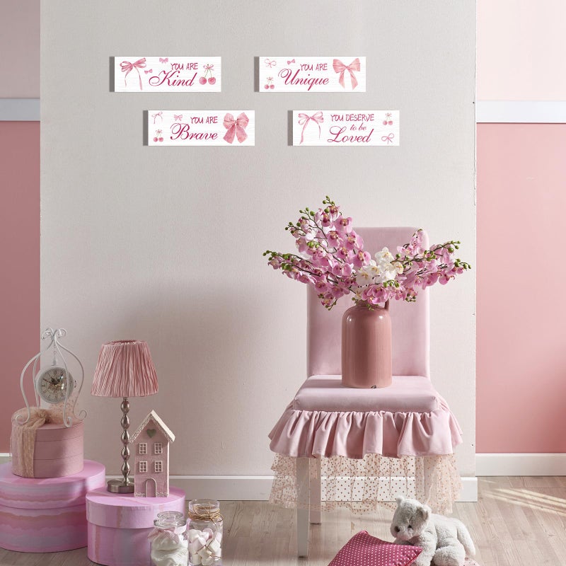 FEXICHUJI 4 Pcs Pink Bow Motivational Sign Set, Positive Affirmations Wooden Coquette Wall Art Decor, Inspirational Boho Bow Decor, Perfect for Girls Bedroom, Bathroom, Living Room - Image 4