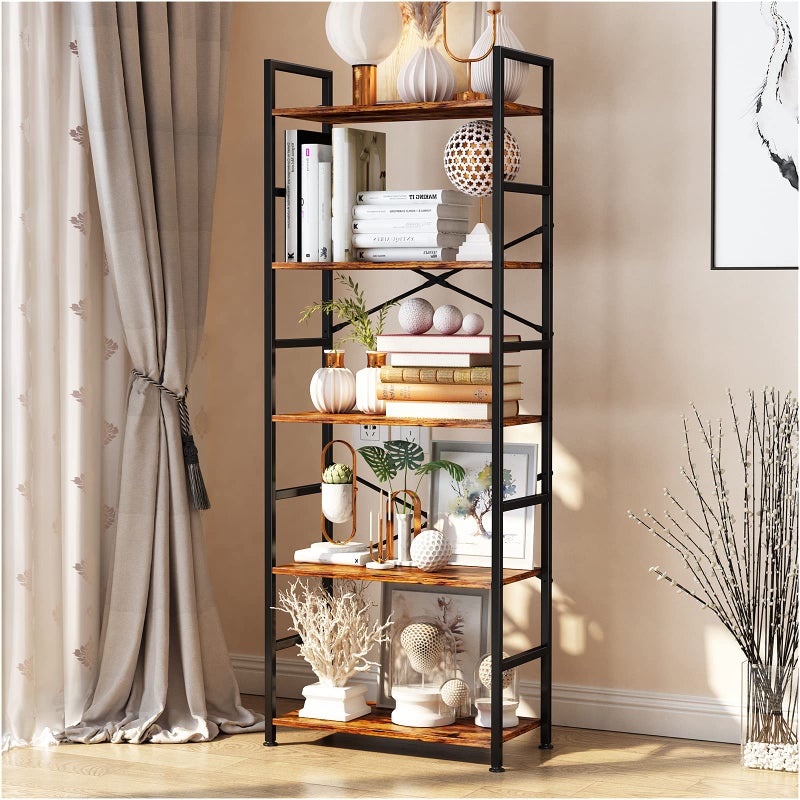 CosyStar CosyStar 5Tier Tall Bookcase Rustic Wood and Metal Standing Bookshelf Industrial Vintage Book Shelf Unit Open Back Modern Office Bookcases 