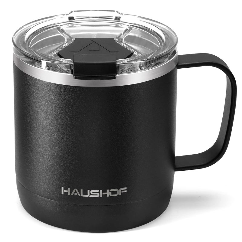 HAUSHOF 14 oz Coffee Mug Insulated Coffee Mug with Handle Travel Camping Cup Portable Stainless Steel Coffee Cup Insulated Coffee Cups with Lid Black