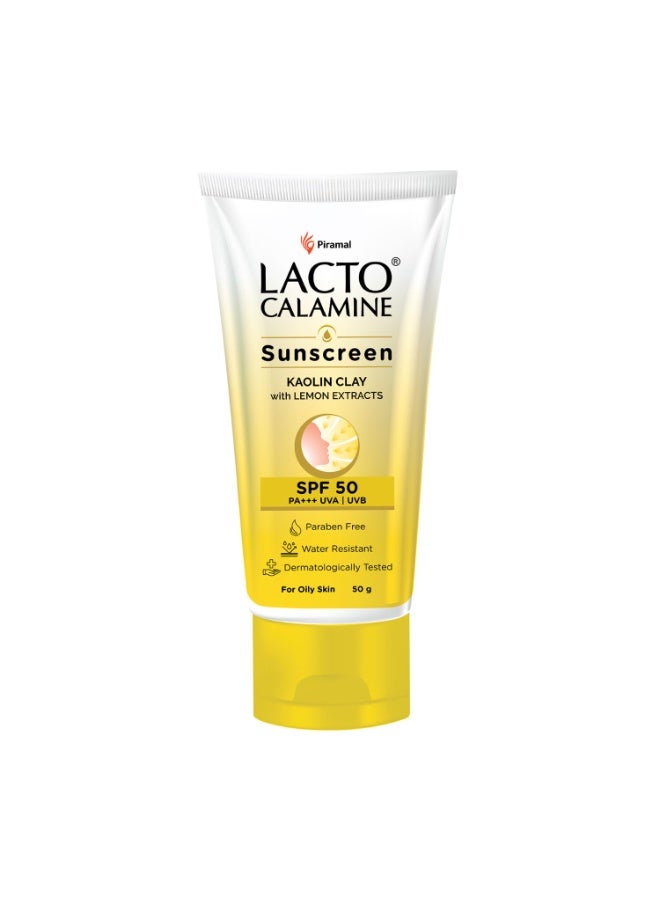 Lacto Calamine Sunscreen SPF 50 | 50g | PA +++ For Oily Skin | UVA – UVB | Water Resistant & No White Cast | With Kaolin Clay, Vitamin E & Lemon Extracts | Paraben Free - Image 1
