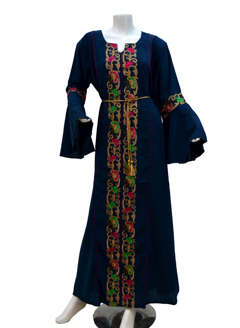 Zainah Premium Embroidered Cotton Maxi Dress - Stylish Bell Sleeve Jalabiya with Adjustable Waist Belt - Modest Bodyfit Silhouette - Image 1