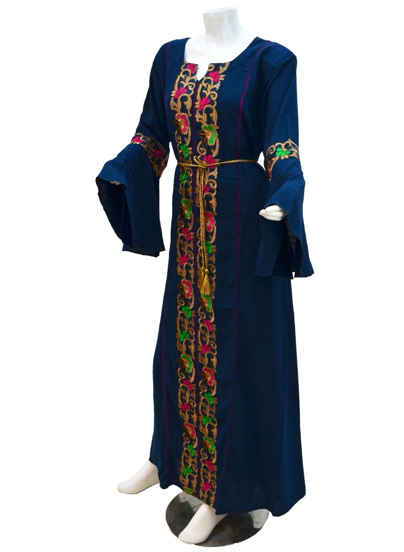 Zainah Premium Embroidered Cotton Maxi Dress - Stylish Bell Sleeve Jalabiya with Adjustable Waist Belt - Modest Bodyfit Silhouette - Image 2