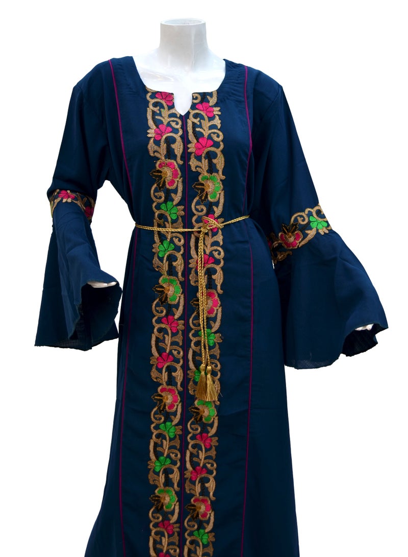 Zainah Premium Embroidered Cotton Maxi Dress - Stylish Bell Sleeve Jalabiya with Adjustable Waist Belt - Modest Bodyfit Silhouette - Image 3