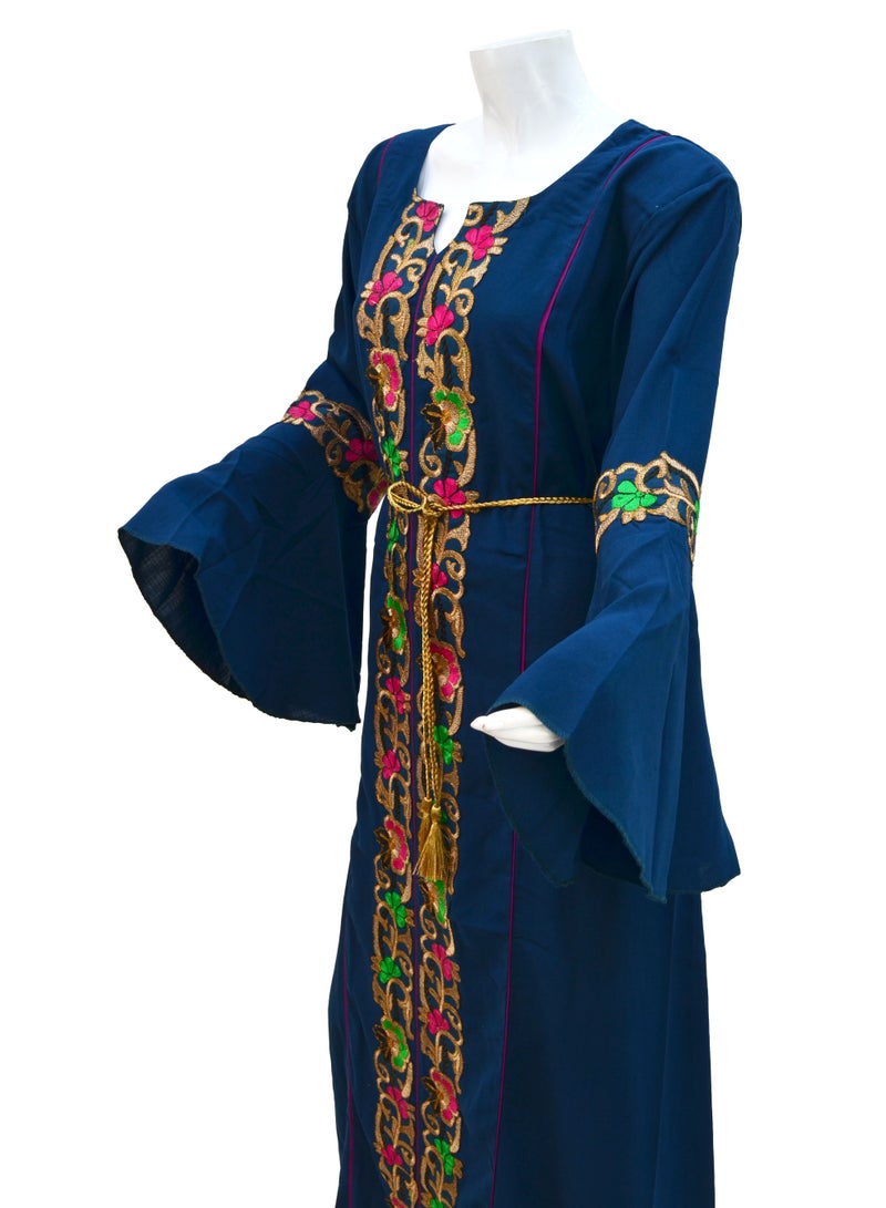 Zainah Premium Embroidered Cotton Maxi Dress - Stylish Bell Sleeve Jalabiya with Adjustable Waist Belt - Modest Bodyfit Silhouette - Image 4