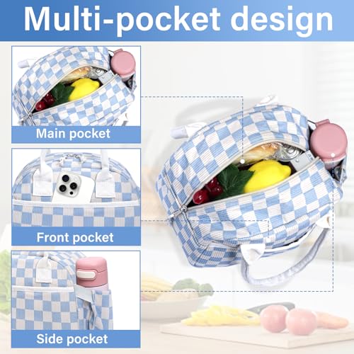 Carry bloom Lunch Box for Women, Insulated Lunch Bag Cute Corduroy Lunchbag Reusable Lunchbox for Work (checkered blue white) - Image 5