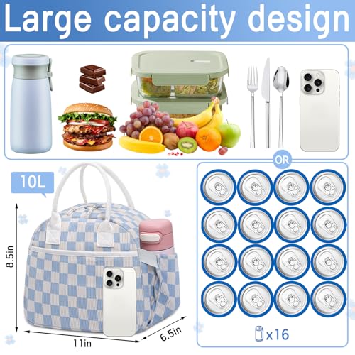 Carry bloom Lunch Box for Women, Insulated Lunch Bag Cute Corduroy Lunchbag Reusable Lunchbox for Work (checkered blue white) - Image 2