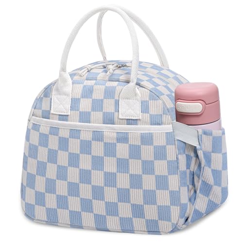 Carry bloom Lunch Box for Women, Insulated Lunch Bag Cute Corduroy Lunchbag Reusable Lunchbox for Work (checkered blue white) - Image 1
