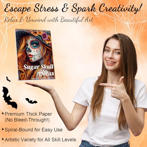 ADEVIAN Sugar Skull Women Coloring Book for Adult Women Relaxation, Spiral Bound Printed On One Side, Adult Crafts, Relaxation Gifts, Thick Paper Non-Bleed - Image 2