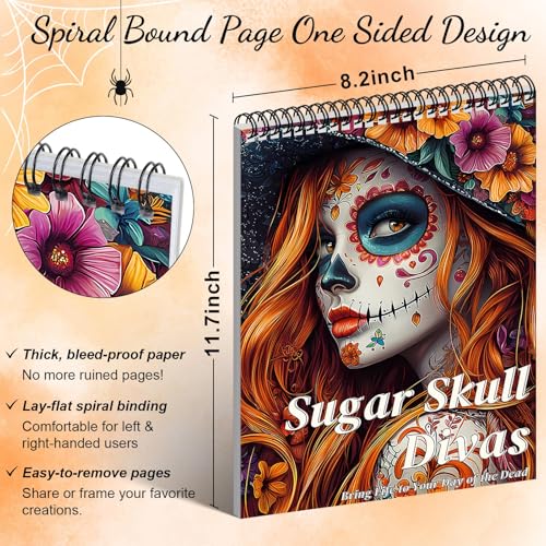 ADEVIAN Sugar Skull Women Coloring Book for Adult Women Relaxation, Spiral Bound Printed On One Side, Adult Crafts, Relaxation Gifts, Thick Paper Non-Bleed - Image 3