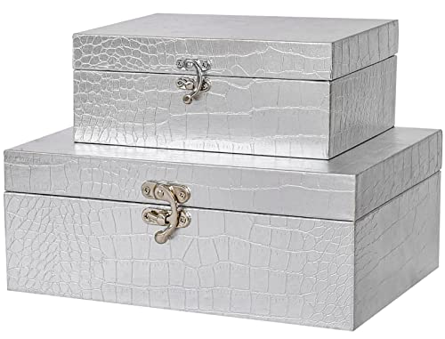 JUMBO HUMBLE JUMBO HUMBLE Set of 2 Wooden Decorative Nesting Storage Boxes Silver Crocodile Leather with Clasp for Home Kitchen Living Room Ideal Gift for Wedding Memories Jewelry Trinket