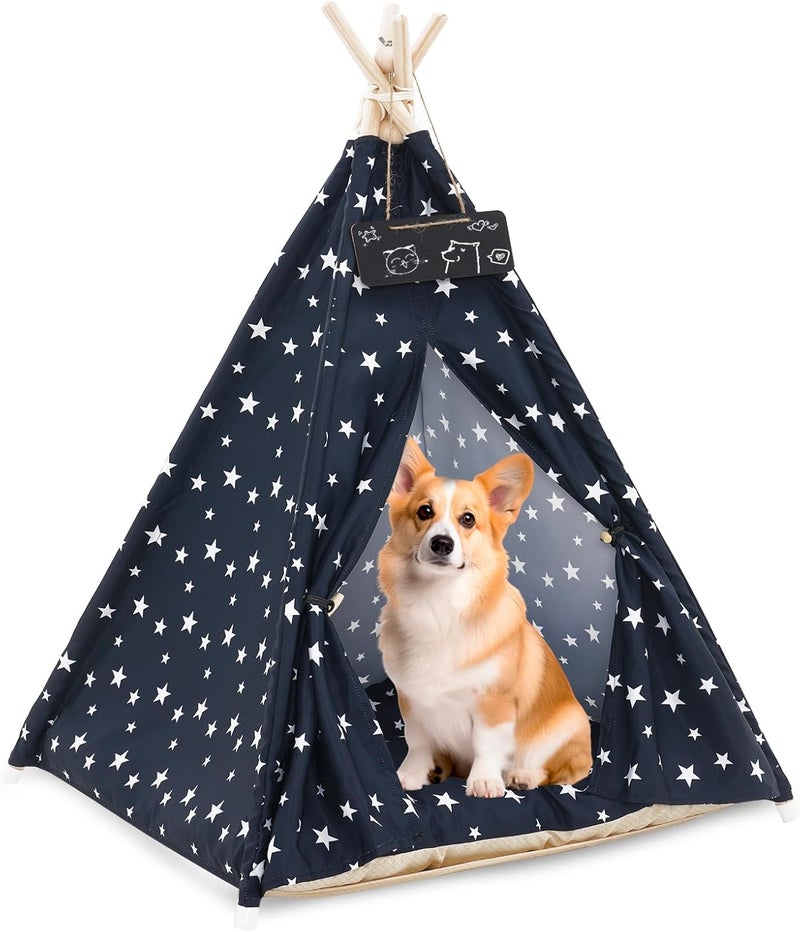 Nukied Pet Teepee Tent for Dogs & Cats, 24 Inch & 43 Inch Portable Indoor Dog House with Thick Cushion, Cat Teepee Washable Tent Dog Teepee Bed Indoor (43 Inch, Navy Blue Stars) - Image 1