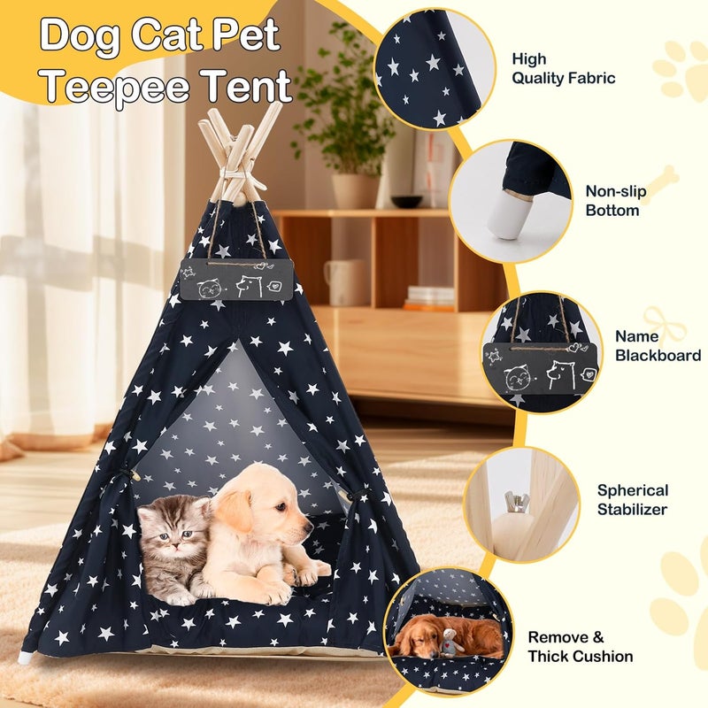 Nukied Pet Teepee Tent for Dogs & Cats, 24 Inch & 43 Inch Portable Indoor Dog House with Thick Cushion, Cat Teepee Washable Tent Dog Teepee Bed Indoor (43 Inch, Navy Blue Stars) - Image 5