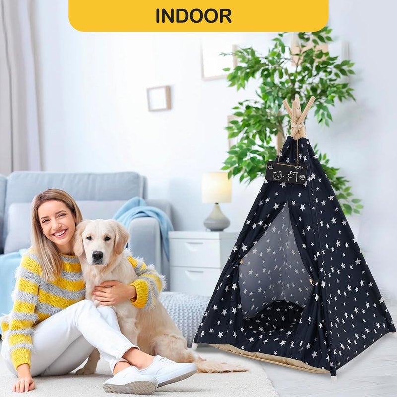 Nukied Pet Teepee Tent for Dogs & Cats, 24 Inch & 43 Inch Portable Indoor Dog House with Thick Cushion, Cat Teepee Washable Tent Dog Teepee Bed Indoor (43 Inch, Navy Blue Stars) - Image 2