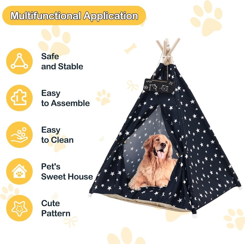 Nukied Pet Teepee Tent for Dogs & Cats, 24 Inch & 43 Inch Portable Indoor Dog House with Thick Cushion, Cat Teepee Washable Tent Dog Teepee Bed Indoor (43 Inch, Navy Blue Stars) - Image 3