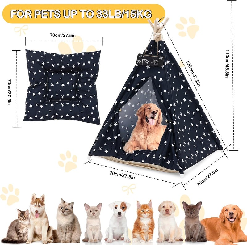 Nukied Pet Teepee Tent for Dogs & Cats, 24 Inch & 43 Inch Portable Indoor Dog House with Thick Cushion, Cat Teepee Washable Tent Dog Teepee Bed Indoor (43 Inch, Navy Blue Stars) - Image 4