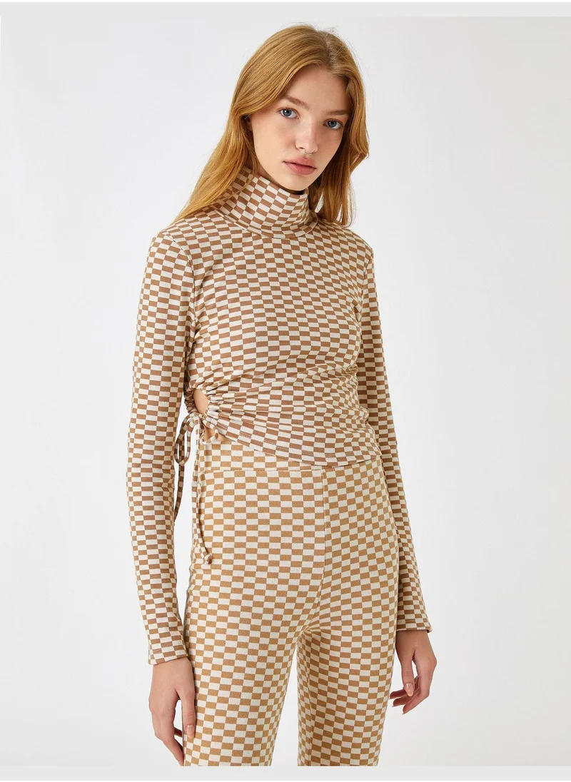 KOTON Crop T-Shirt Mandarin Collar Shirred