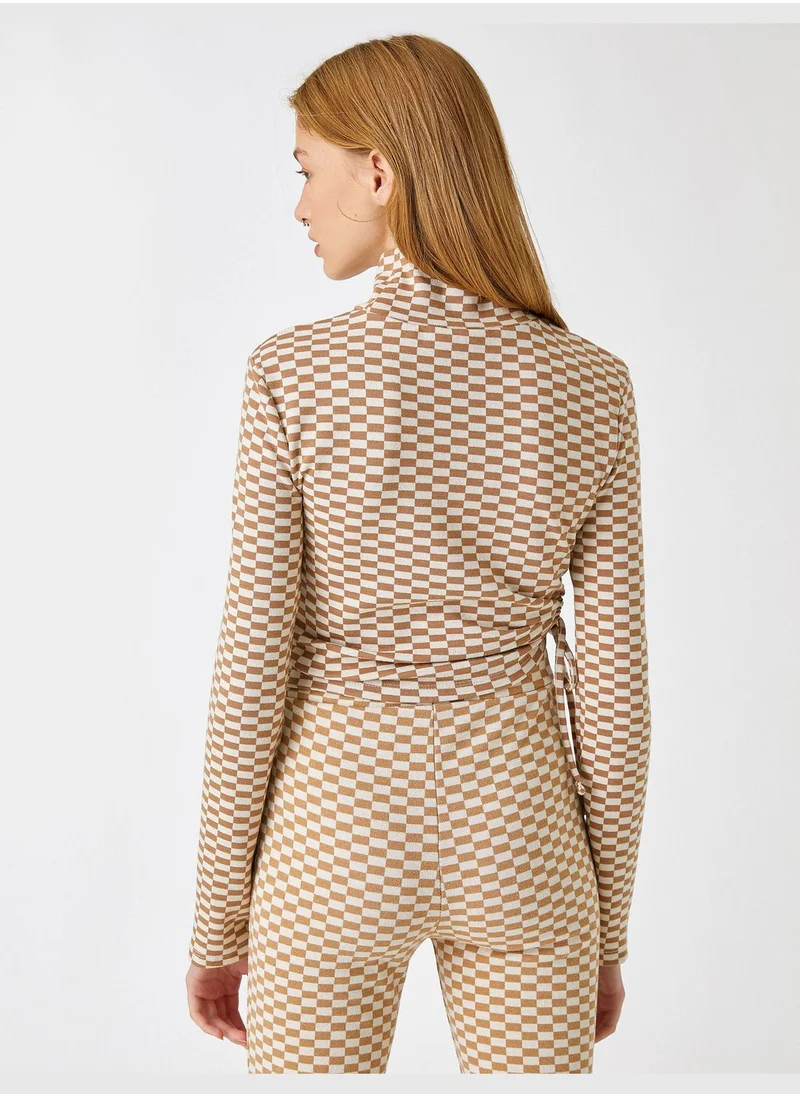 KOTON Crop T-Shirt Mandarin Collar Shirred