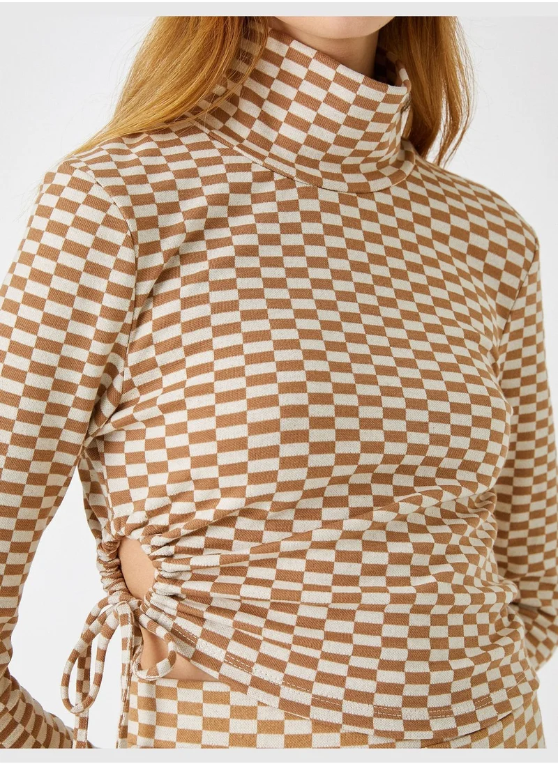 KOTON Crop T-Shirt Mandarin Collar Shirred