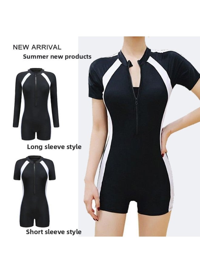 Loquat Sports Swimsuit Ladies One-piece Long Short Sleeve Flat Size Conservative Belly Bubble Hot Spring Professional Swimsuit-Color:Black Long Sleeve- - Image 2