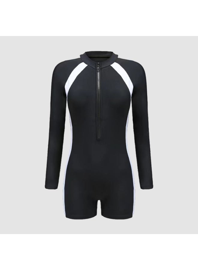 Loquat Sports Swimsuit Ladies One-piece Long Short Sleeve Flat Size Conservative Belly Bubble Hot Spring Professional Swimsuit-Color:Black Long Sleeve- - Image 1