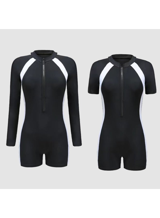 Loquat Sports Swimsuit Ladies One-piece Long Short Sleeve Flat Size Conservative Belly Bubble Hot Spring Professional Swimsuit-Color:Black Long Sleeve- - Image 3