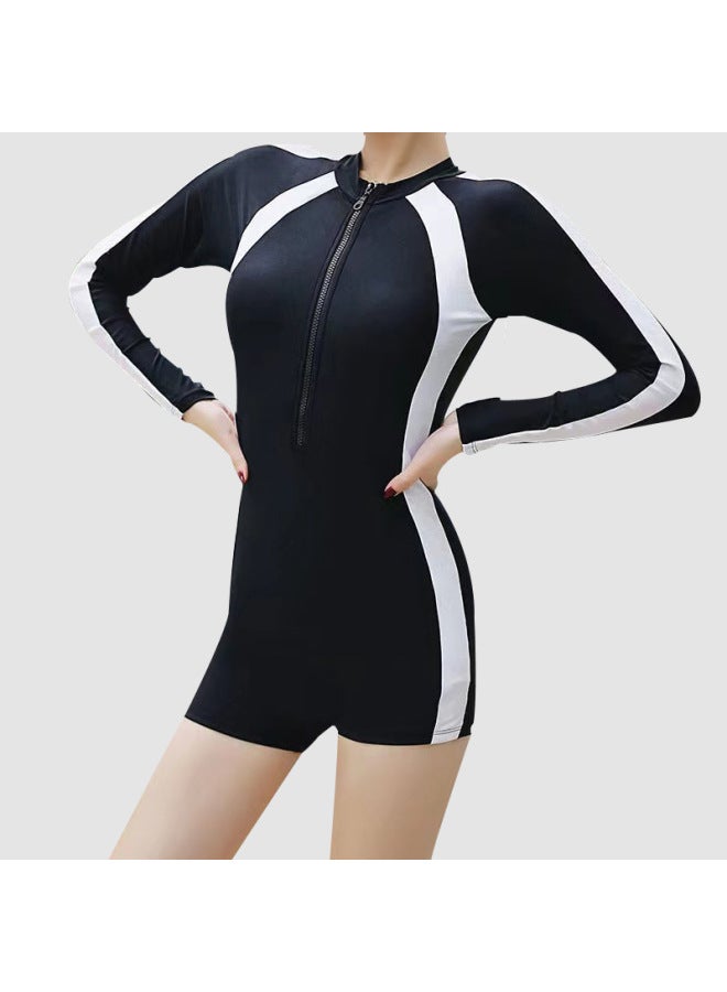 Loquat Sports Swimsuit Ladies One-piece Long Short Sleeve Flat Size Conservative Belly Bubble Hot Spring Professional Swimsuit-Color:Black Long Sleeve- - Image 4
