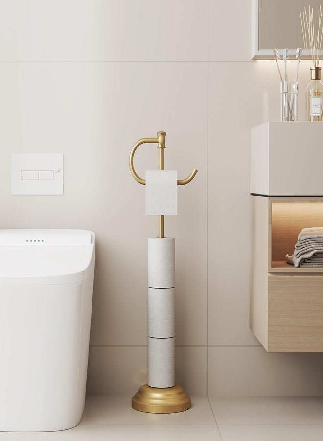 BESy Toilet Paper Holder Free Standing Bathroom Toilet Tissue Holder Stand for Floor Toilet Paper Roll Holder with Storage Hardware Accessories Rack Hand Towel Bar Brushed Gold Stainless Steel - Image 2