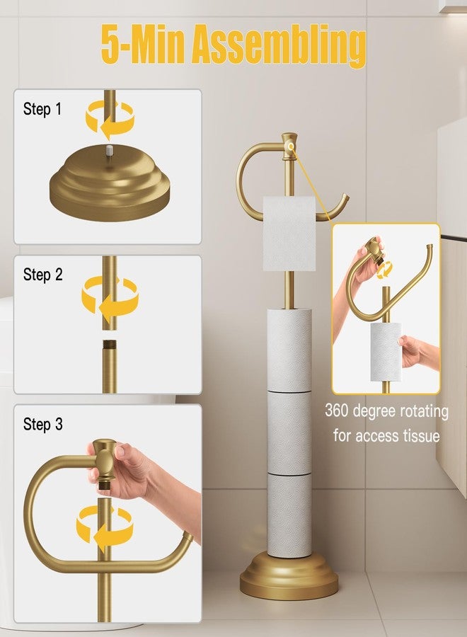 BESy Toilet Paper Holder Free Standing Bathroom Toilet Tissue Holder Stand for Floor Toilet Paper Roll Holder with Storage Hardware Accessories Rack Hand Towel Bar Brushed Gold Stainless Steel - Image 4