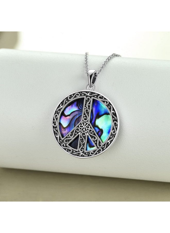 POPLYKE - Peace Sign Hippie Pendant Necklace Sterling Silver Abalone Filigree Flower Jewelry For Women - Image 1