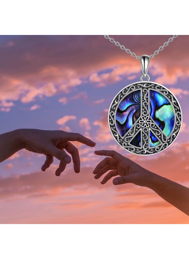 POPLYKE - Peace Sign Hippie Pendant Necklace Sterling Silver Abalone Filigree Flower Jewelry For Women - Image 1