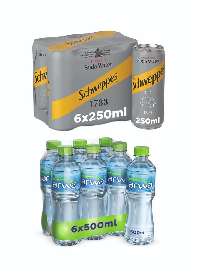 Schweppes Soda Can +Arwa Water Pet Bottle 6 x 250ml +6 x 500ml 
