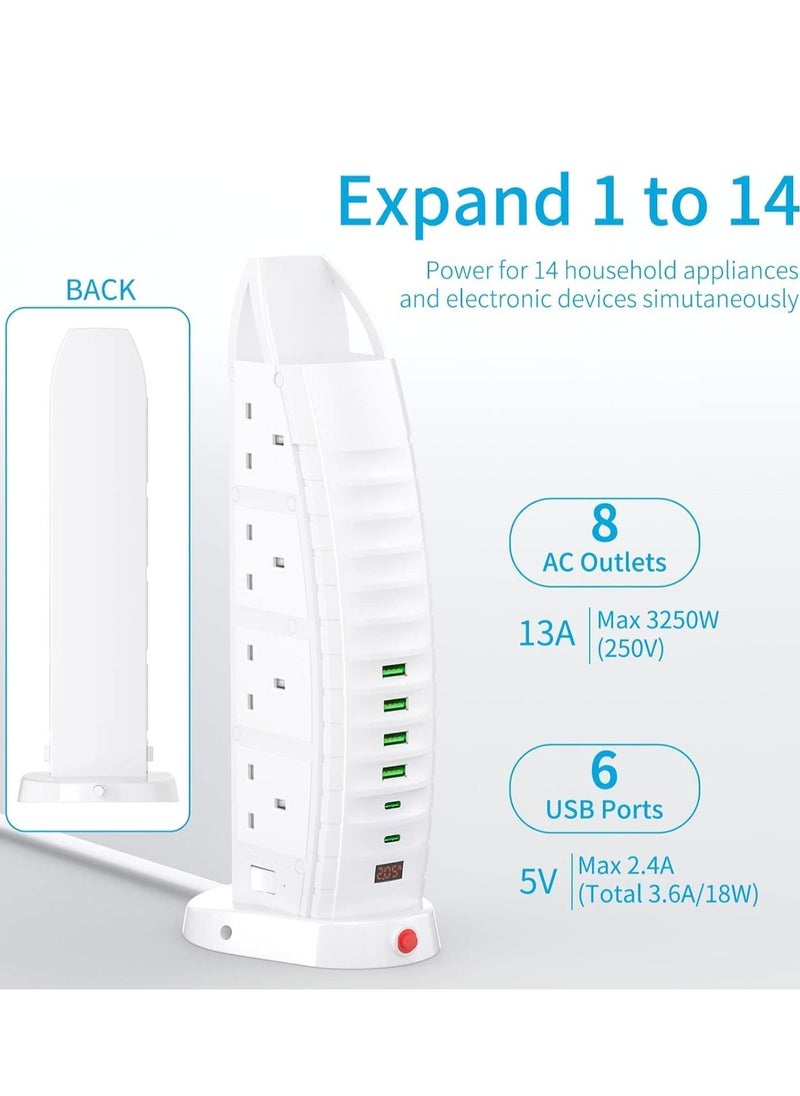 BGM Tower Extension Lead with USB – 8 Way Outlets & 6 USB Ports (2 Type-C, 4 USB) – 3.6A Vertical Power Strip with 2M Cable  - Image 2